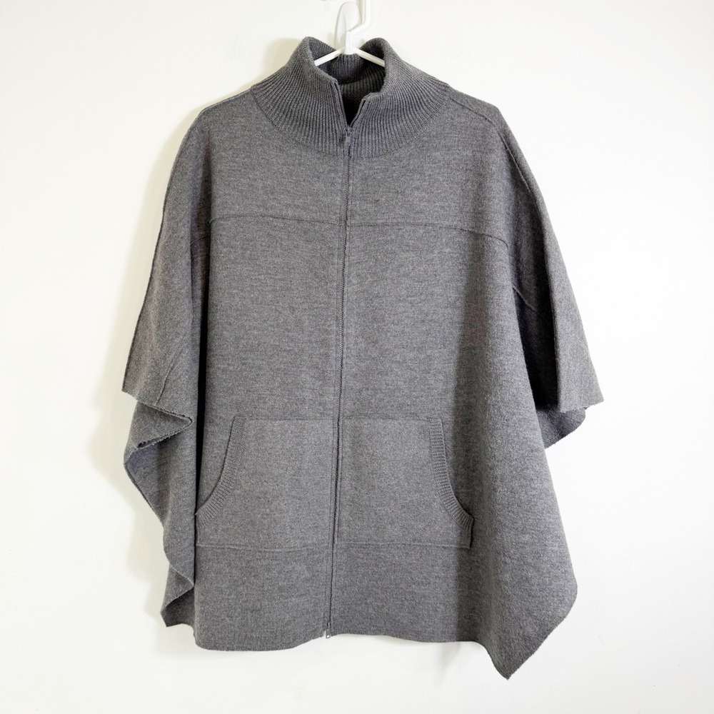 Eileen Fisher Poncho Sweater Womens S/M Gray 100% Wool Zip Up Mock Neck Pocket